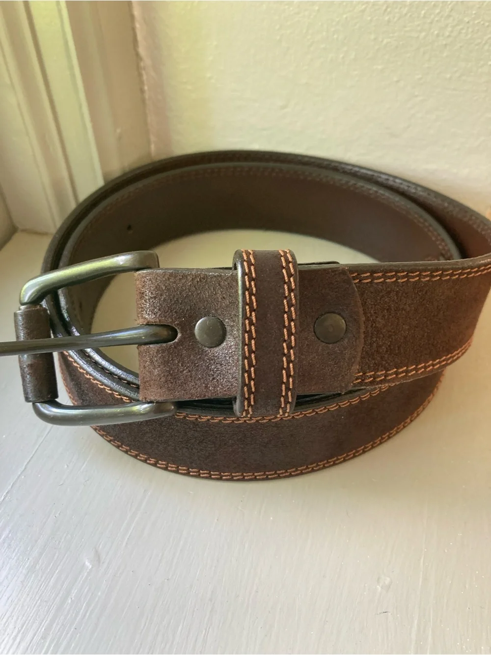 Johnston & Murphy Men's 38 Dark Brown Suede Belt - Contrast Stitch USA